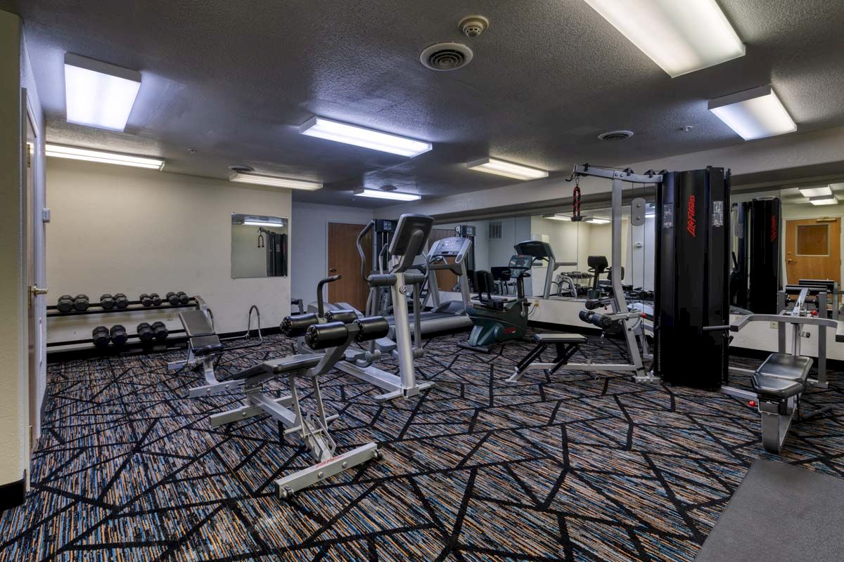 A well-equipped gym with exercise machines, weights, mirrors, and bright lighting.
