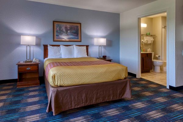 A hotel room with a bed, side tables, lamps, and a bathroom in the corner.