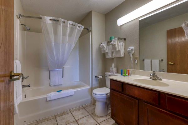 A clean bathroom with a shower, sink, toilet, towels, hairdryer, toiletries, and a large mirror under bright lighting.