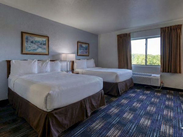 Two double beds in a blue-gray hotel room with framed ocean pictures, a window with curtains, and a blue patterned carpet.