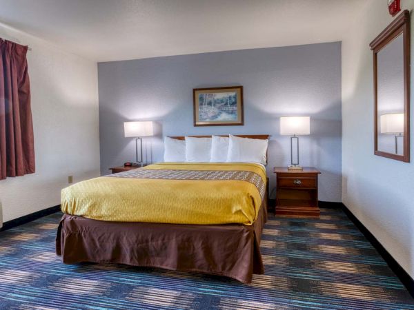A hotel room with a double bed, two side tables with lamps, a wall mirror, framed artwork, and a striped carpet pattern.