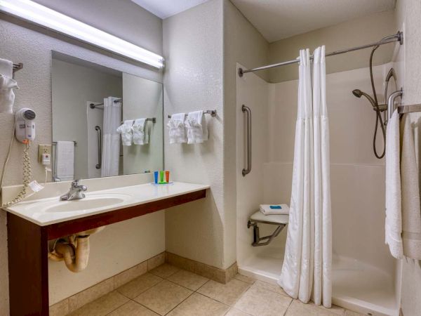 This image shows a bathroom with a sink, mirror, hairdryer, towels, toiletries, and a shower with a curtain and grab bars.