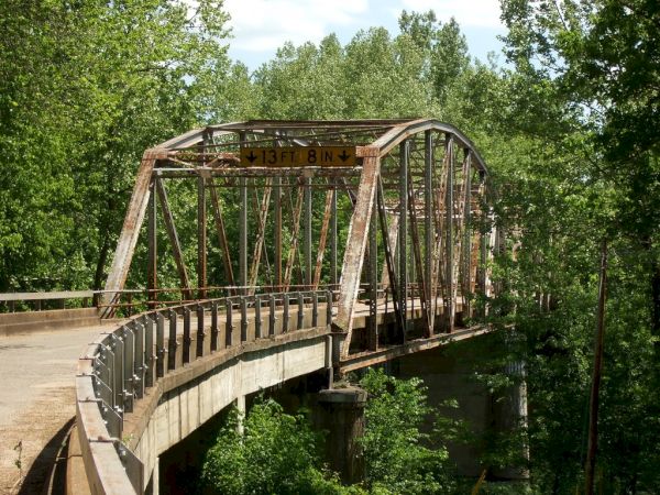 An old, rusted truss bridge surrounded by dense green foliage spans over a river, highlighting an overgrown and natural setting.