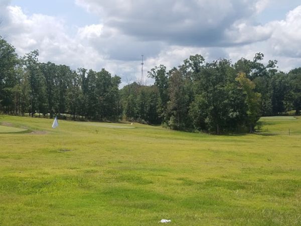 A golf course with a flag on the green, surrounded by trees under a partly cloudy sky.