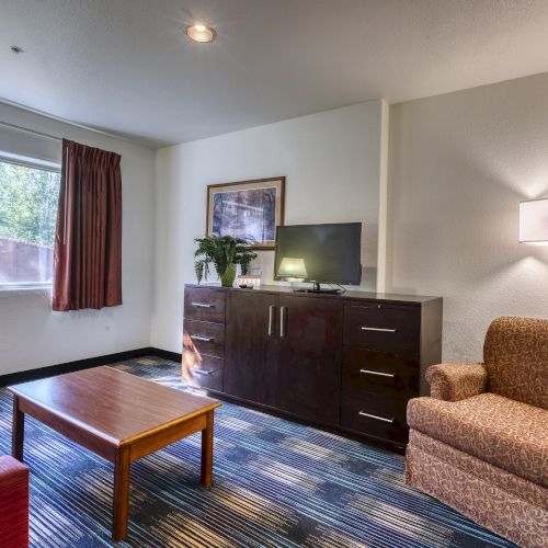 The image shows a cozy living area with a sofa, armchair, coffee table, TV on a cabinet, lamp, window with curtains, and patterned carpet.