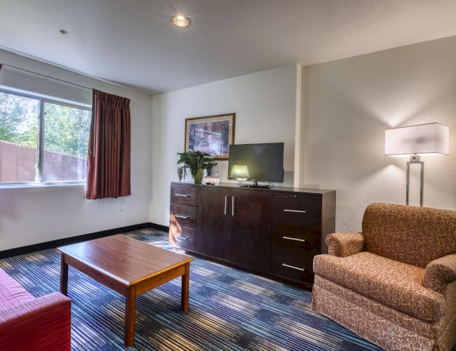 The image shows a cozy living area with a sofa, armchair, coffee table, TV on a cabinet, lamp, window with curtains, and patterned carpet.