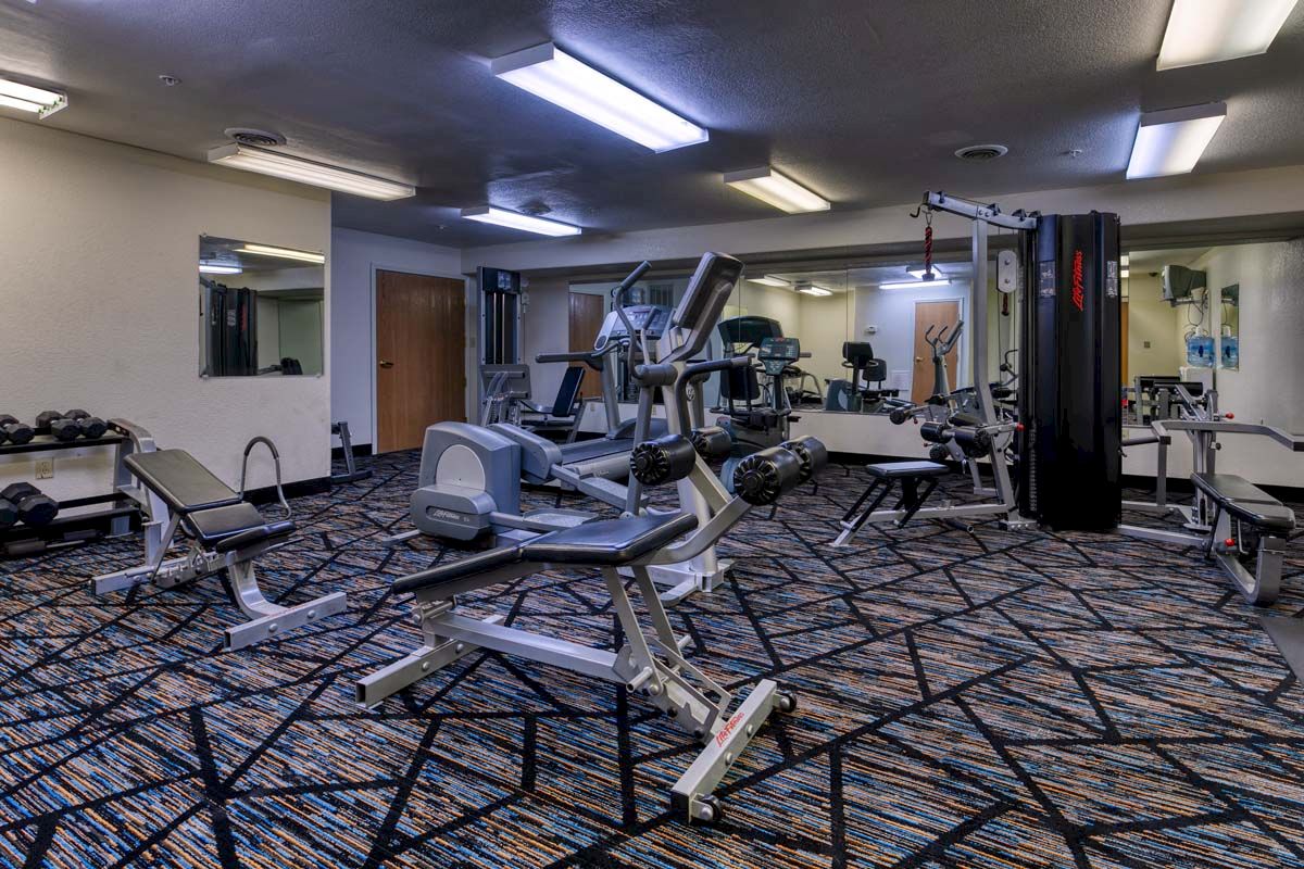 A gym with exercise equipment, mirrors, and carpet flooring, featuring machines like ellipticals and benches.