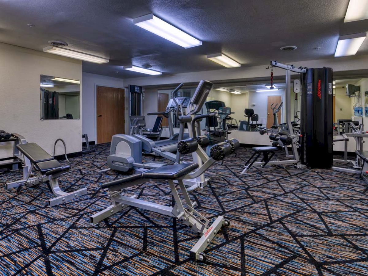 A gym with exercise equipment, mirrors, and carpet flooring, featuring machines like ellipticals and benches.