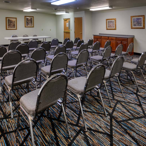 A conference room with rows of chairs, a table at the front, and paintings on the walls.